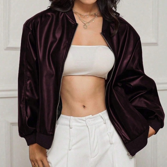 Luxe Zip up Vegan leather Oversized Bomber Jacket